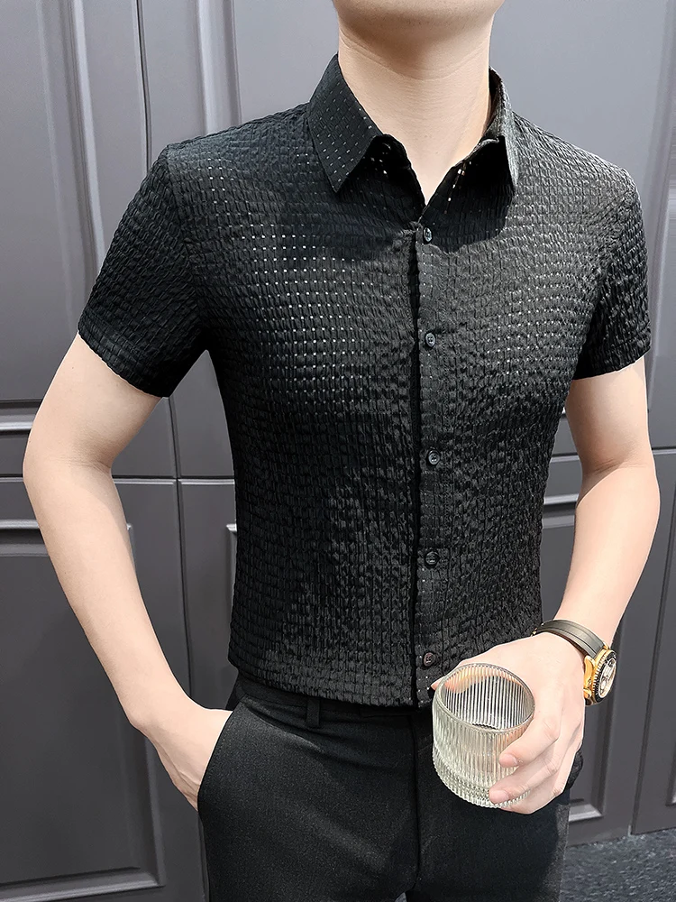 الصيف جوفاء شبكة قمصان قصيرة الأكمام الرجال الحرير الجليد تنفس فستان الأعمال عادية قميص وسيم تنوعا الشارع الشهير قميص #3