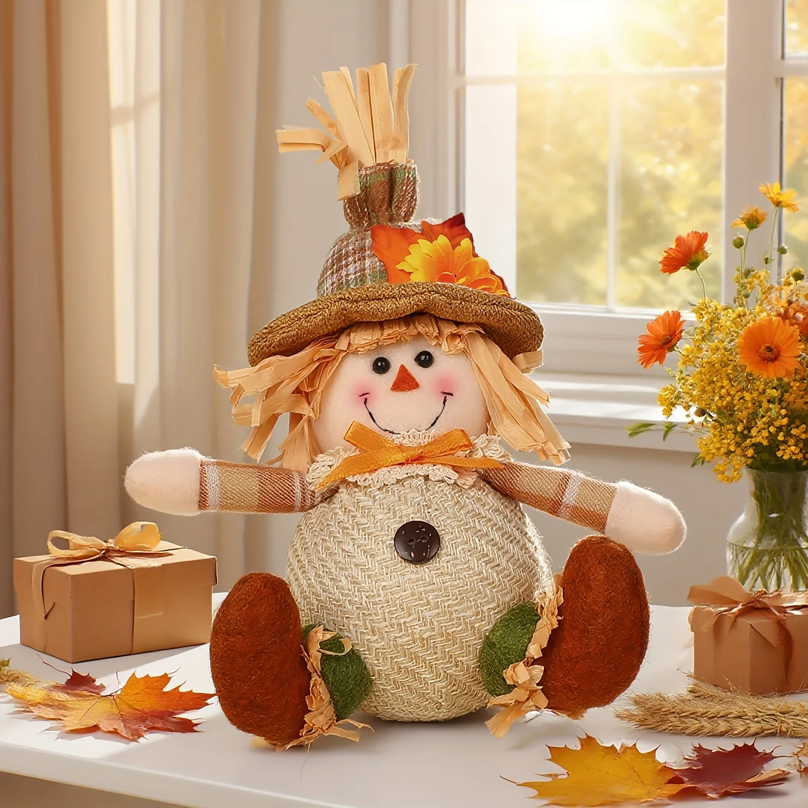 1pc Rustic Autumn Harvest Scarecrow Decor, Plaid & Sunflower Accents for Christmas, Farmhouse Wall Decor, Party Props