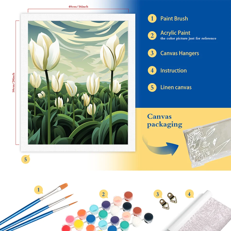 RUOPOTY Painting By Numbers White Tulips HandPainted On Canvas Oil Picture Drawing Coloring Perfect Gift By Numbers Acrylic Kits