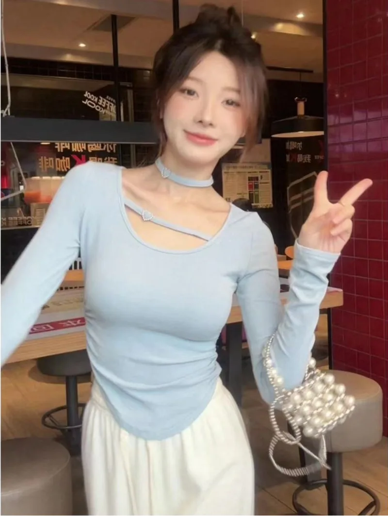 

Sweet Spicy U-neck Irregular Pleated T-shirt Women Gentle Collarbone Solid Elastic Slimm Korean Fashion Spring Chic Base Shirt