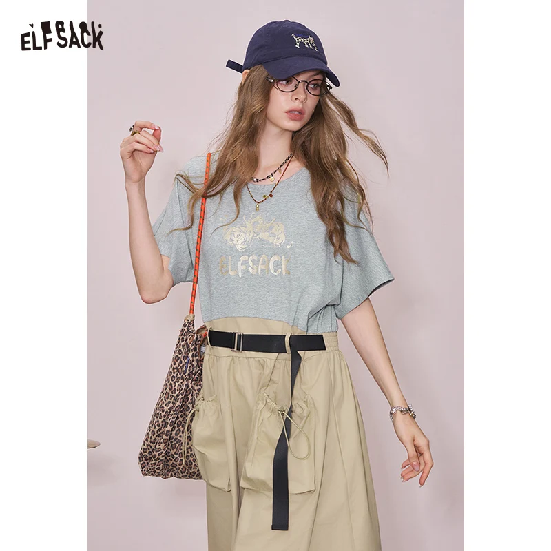 ELFSACK 2025夏新作 Y2Kテックウェア ユーティリティドレス グラフィックプリント カラーブロック Tシャツワンピース レディース