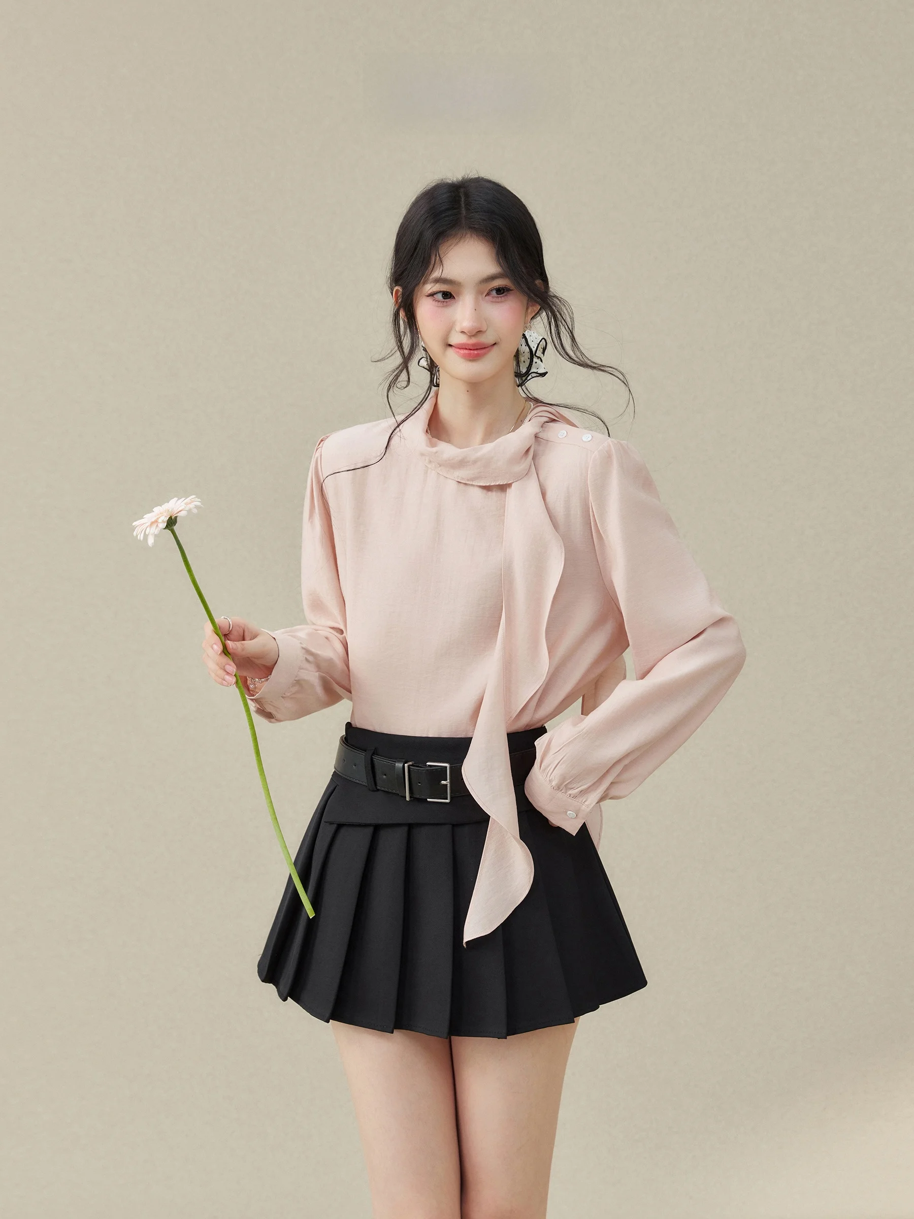 

Romantic Resonance Slimming Long Sleeve Sash Women's plus Size Pink Design Spring Shirt Breathable Comfortable Pure Color