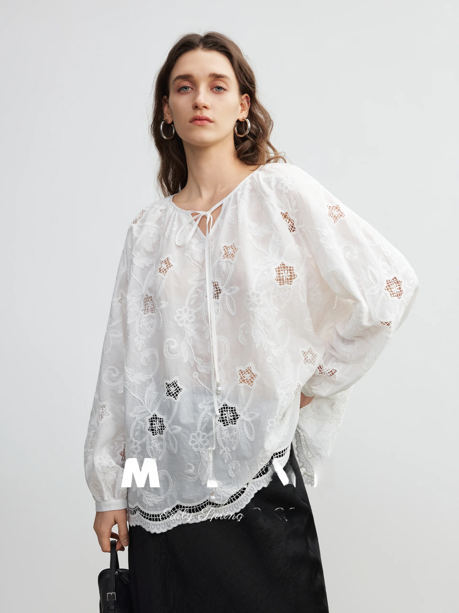 

Рубашка Miiine n Sle с вышивкой из чистого хлопка, с ажурным дизайном, повседневный топ, дышащий, легкий, с длинными рукавами