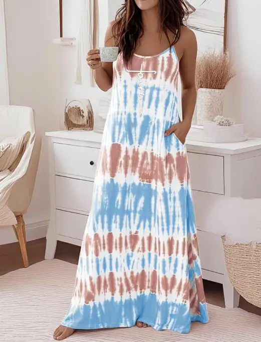 เดรสยาวผู้หญิงลายพิมพ์ไท-ได้ ตัวอักษร New Faith คอทรงยู สายเดี่ยวปรับได้ ทรงหลวม เปิดหลัง สไตล์ลำลอง