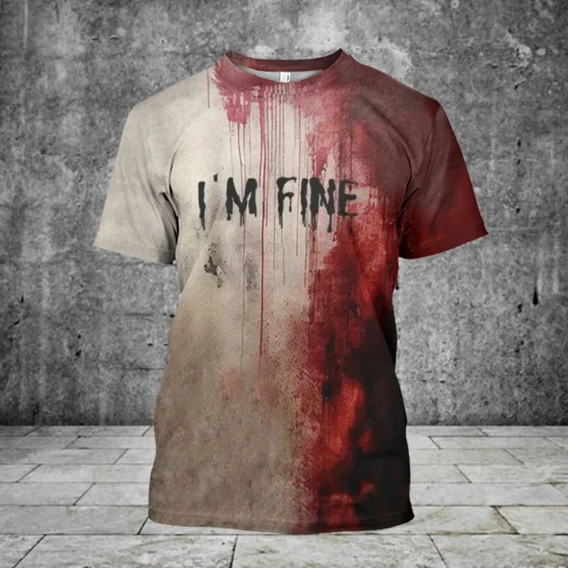 I'm Fine Bloody Hand Men O Neck Short Sleeve T Shirt Halloween Carnival Party Blood Splatter Stain Funny Horror Scary Loose Tops