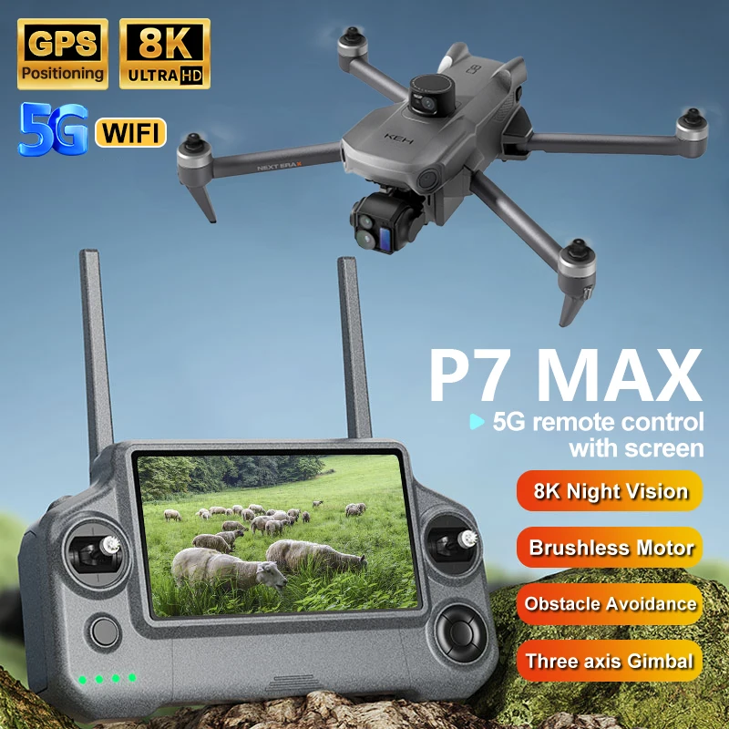 

Professional P7 Max Screen Control Drone 3-Axis Brushless Gimbal 5G Digital Image Transmission Obstacle Avoidance With Airdrop