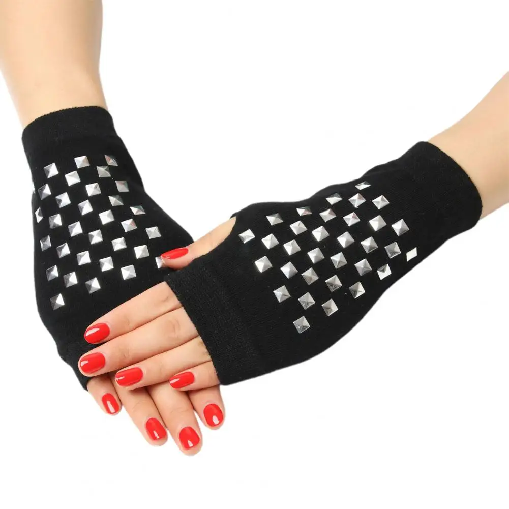 Women Gloves Rhinestone Fingerless Half Finger Thumb Hole Black Stretchy Autumn Winter Adults Gloves Stage Performance Supplies