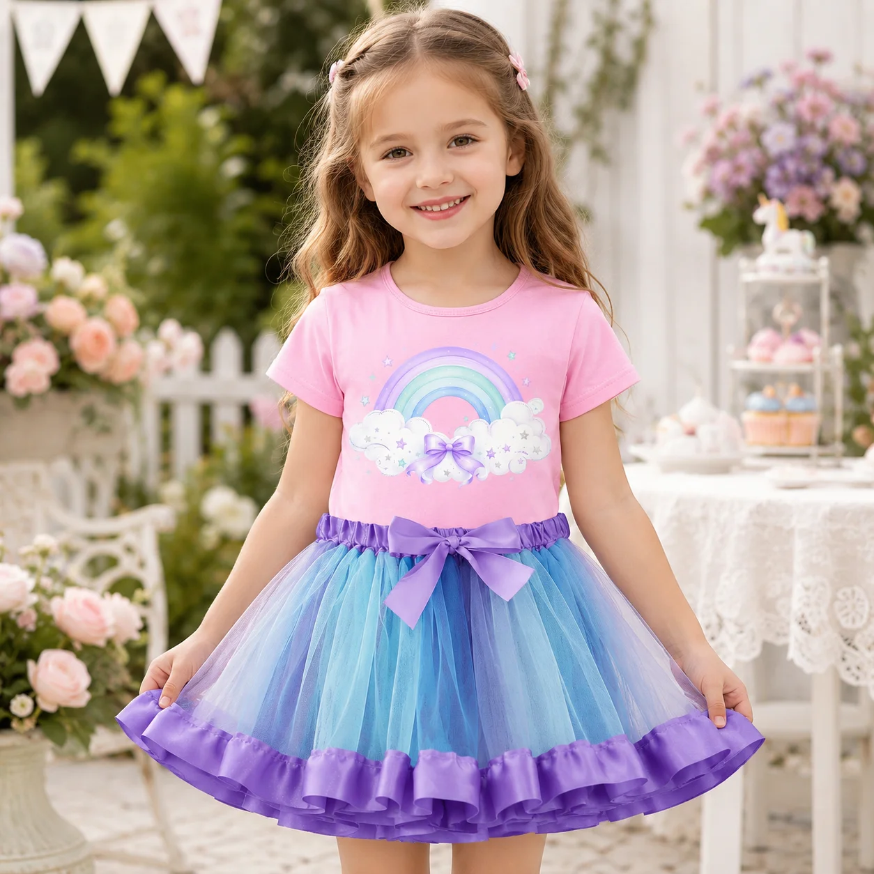 Summer Toddler Girls 2 Piece Clothes Set Pink Rainbow Cloud Star Print Tee Top Gradient Mesh Tutu Skirt Purple Ruffle Hem Bow Ki