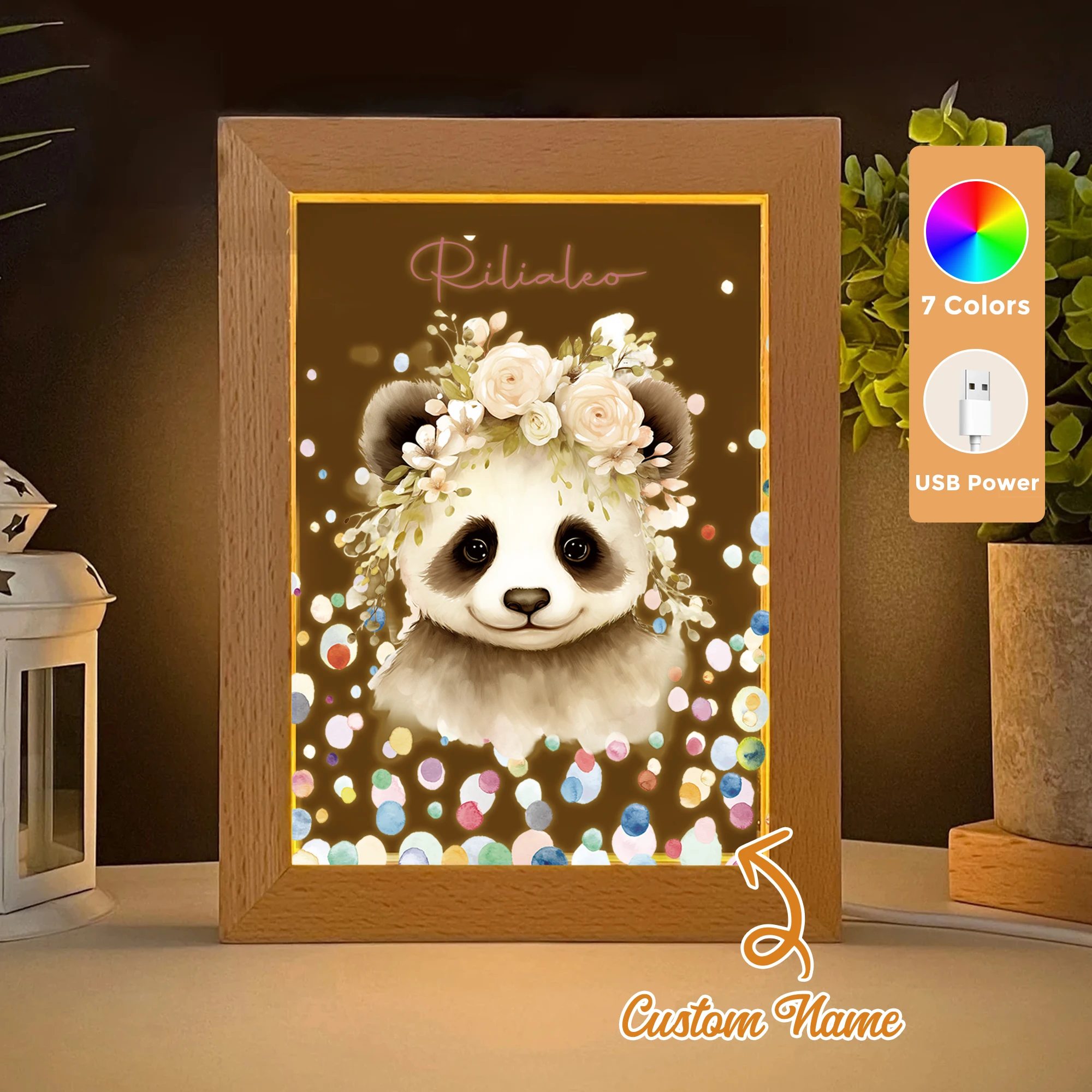 

2D Flat Custom Name Cartoon Panda With Wreath LED Acrylic Night Light Wood Photo Frame 21x17cm Child Bedroom Gifts Home Decor