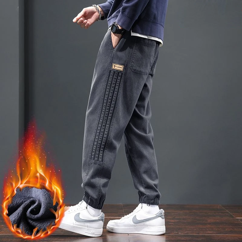 

Autumn Winter Cotton Men Long Pants Fleece Lined Streetwear Sweatpants Korean Fashion Trouser Plus Size Casual Cargo Pants