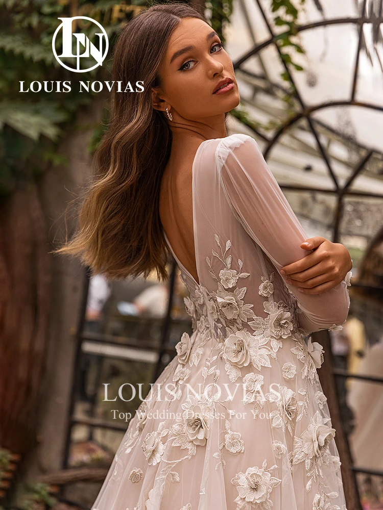 LOUIS NOVIAS A-Line Wedding Dresses 2024 Deep V-neck Backless Bridal Gown 3D Flowers Appliques Wedding Gown Vestidos De Novia