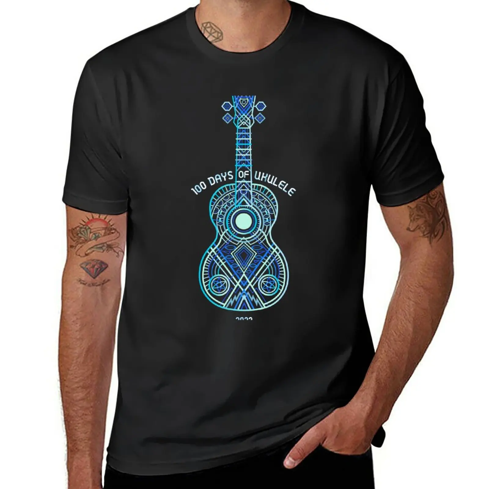 New 2023 String Theory 1: Bright Blues (recommended: print on dark) - 100 Days of Ukulele T-Shirt cute tops men clothing