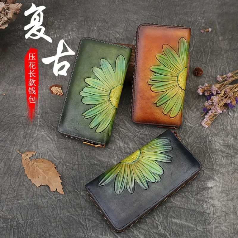 Luxury Women Genuine Leather Wallet New Ladies Clutch Bags Embossed Vintage Long Wallets For Real Cowhide Floral Card Holder