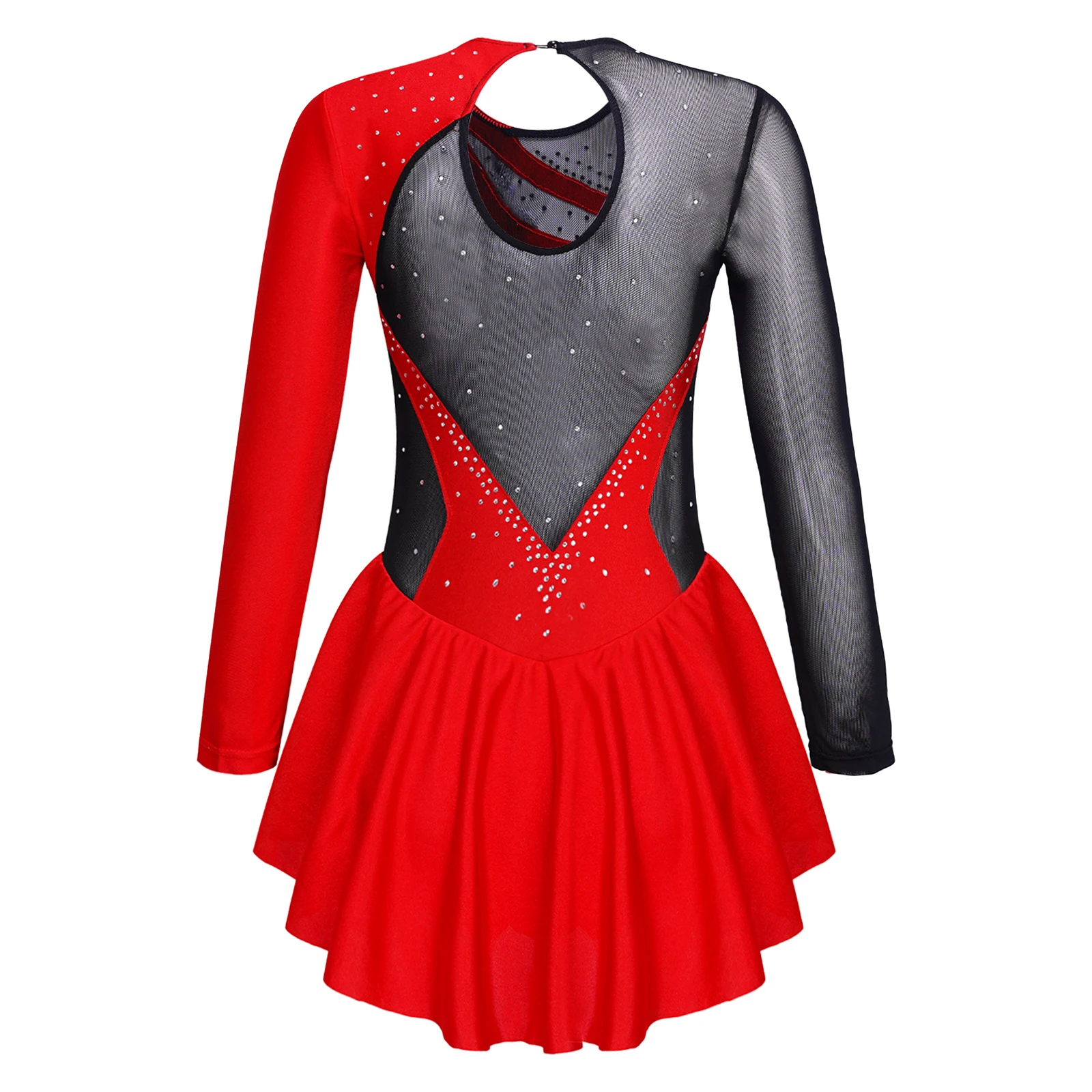 Kids Girls Applique Long Sleeve Figure Ice Skating Dance Dress Mesh Splice Back Ballet Leotard Modern Lyrical Dancewear