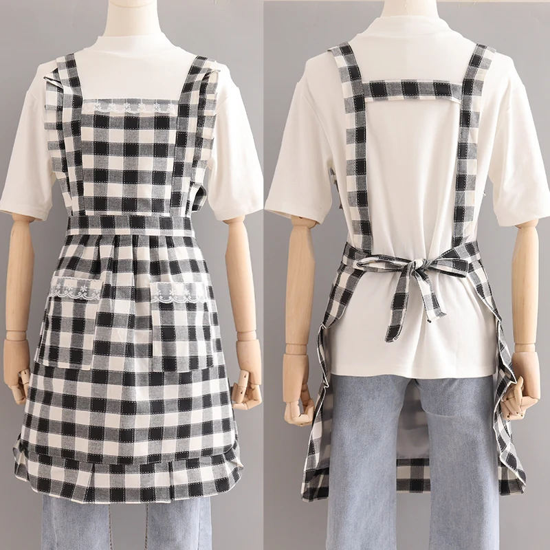 Fashion Breathable Waist Cute Plaid Home Apron Ladies Thin Princess Skirt Japanese Kitchen Work Clothes