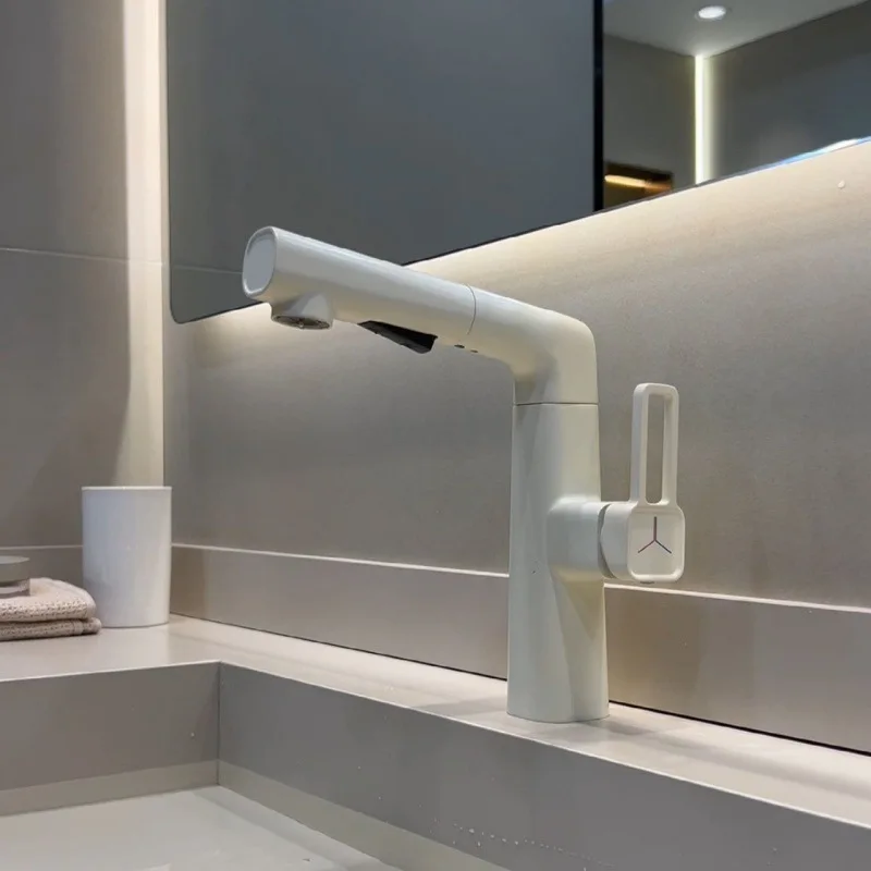 

All copper Lamian Noodles basin milk white hot and cold faucet household lift bathroom gun ash wash basin wash basin faucet