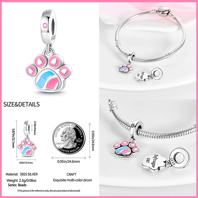 Cuentas de plata de ley 925 con forma de garra de gato, abalorios rosas para pulsera Original de 3mm, fabricación de joyería fina DIY