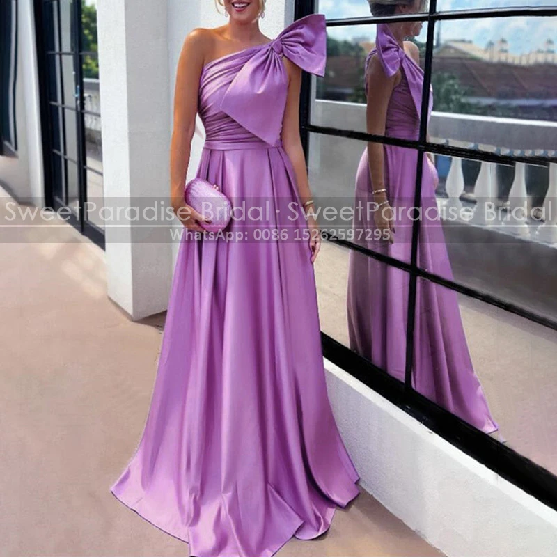 Customized One Shoulder Bridesmaid Dresses Long Pleat A Line Bow Lavender Satin Women Sleeveless Wedding Party Dress