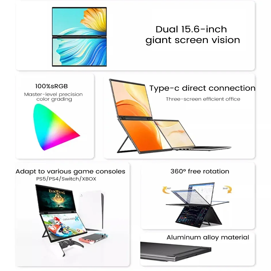 15.6 Inch 2K Dual Screen Portable Monitor 2560*1440P 100%sRGB With 360° Flip External Screen For PC Laptop Mac Phone Xbox PS4/5