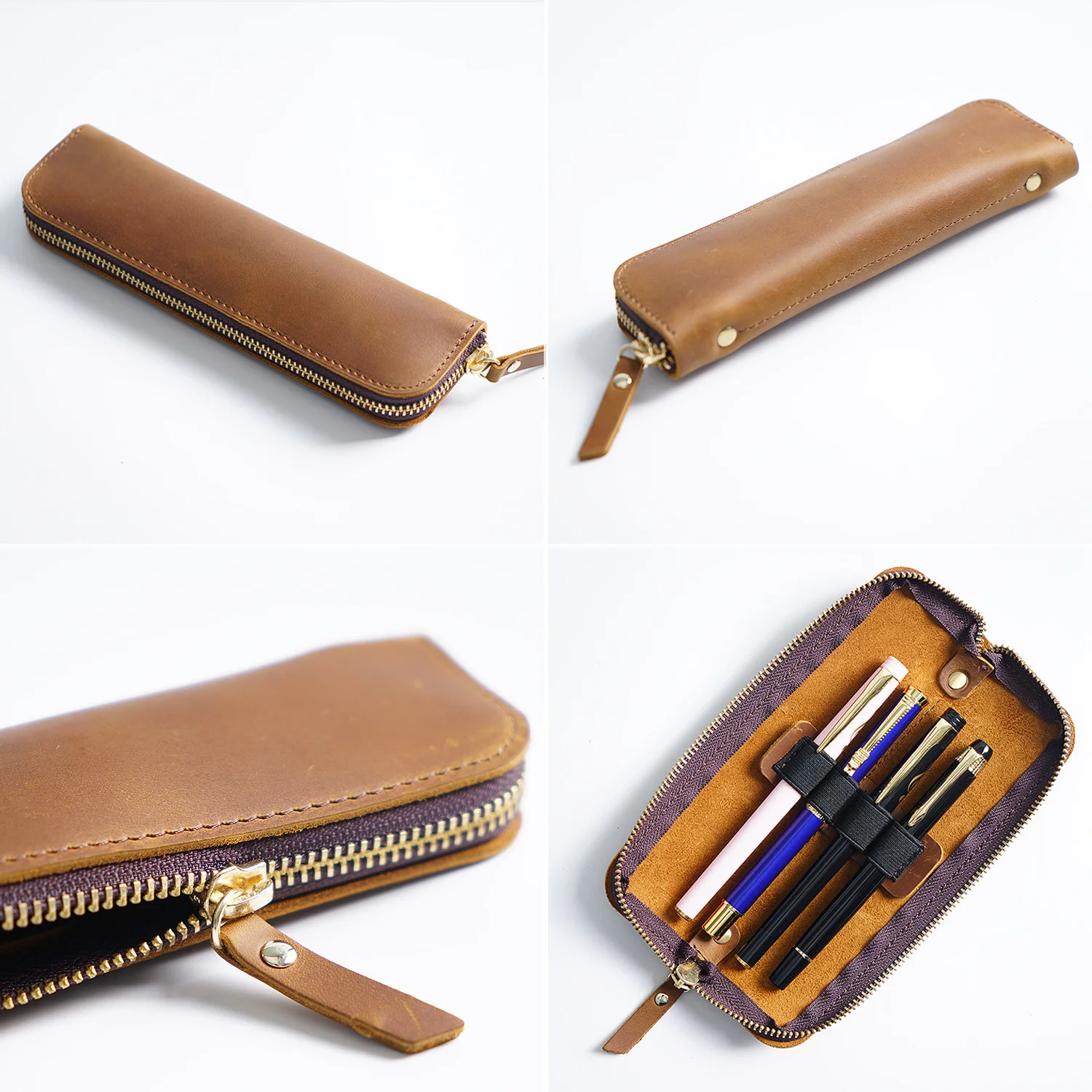 AIGUONIU Leather Pencil Case Zipper Retro Pen Pouch For Boys Girls School Students Cowhide Men Pencil Bag with 4 Pen Slots