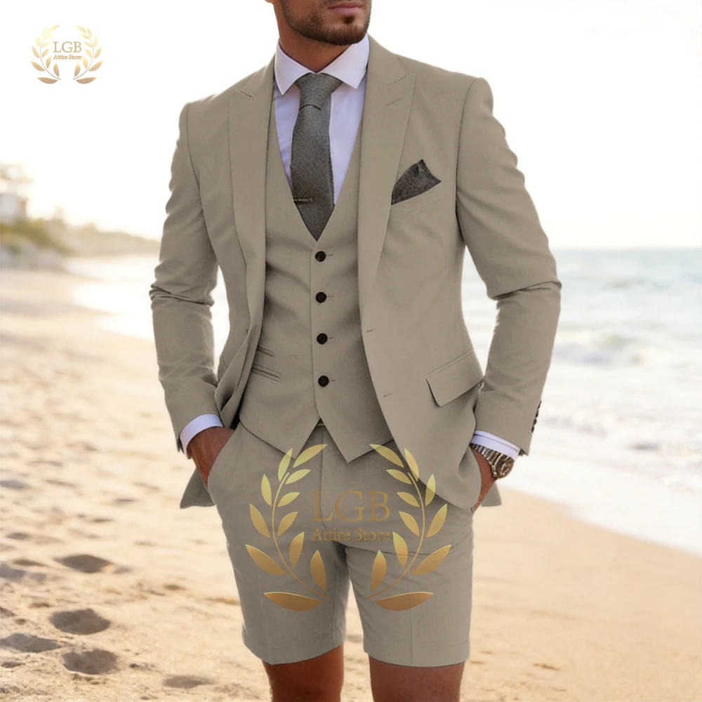 

Men's 3-Piece Beach Wedding Suit, Peak Lapel Blazer, Waistcoat & Cuffed Shorts for Grooms & Summer Ceremonies