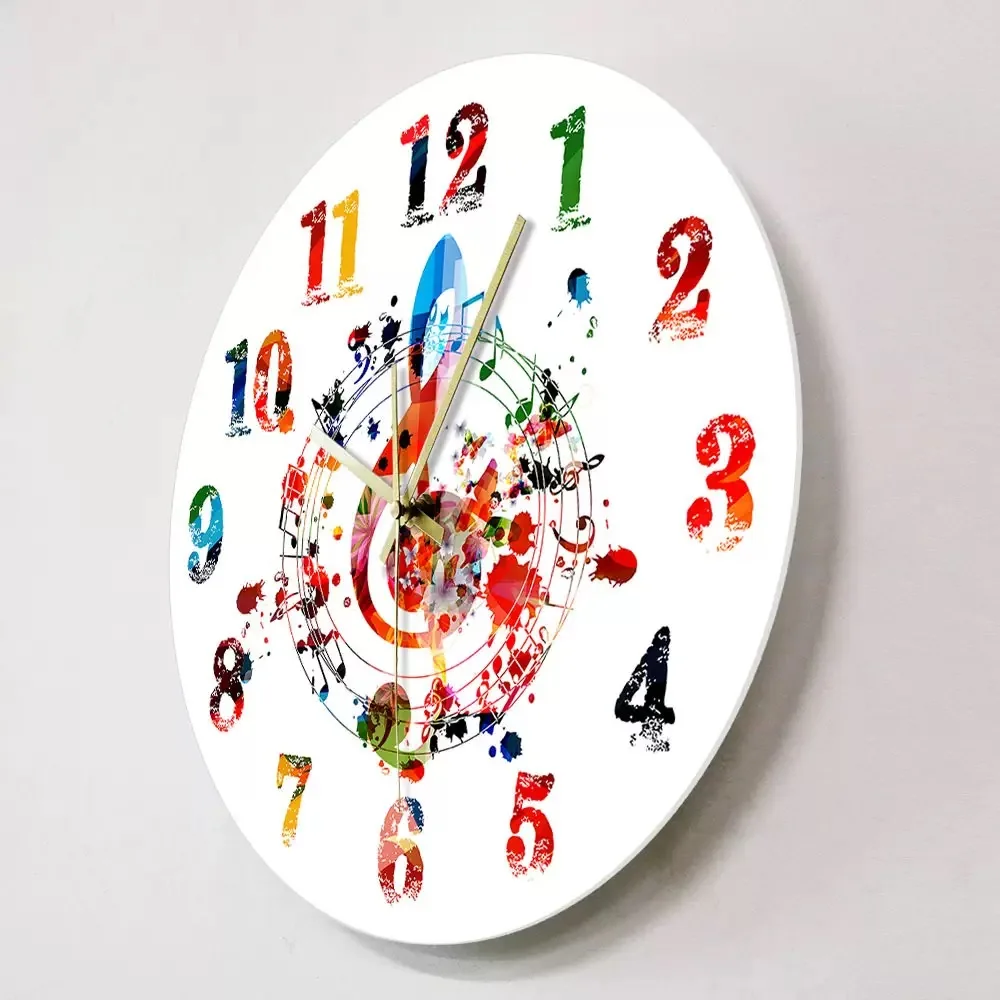 Colorful Music Notes Wall Clock Treble Clef Watercolor Splatter Silent Watch Piano Studio Decor Musician Teacher Gift
