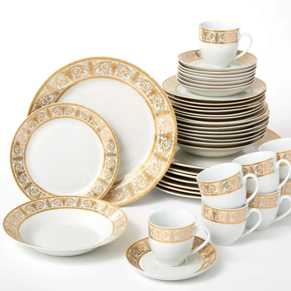 40 pieces of premium gold china cutlery golden white set (8 servings) including dinner dessert plates, bowls, plates, mugs