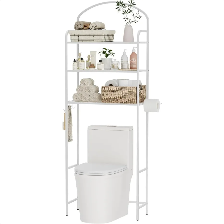 

3Tier Over The Toilet Storage Bathroom Organizer SpaceSaving Above Toilet Storage Rack with 4 Hooks and Paper Holder Metal Shel
