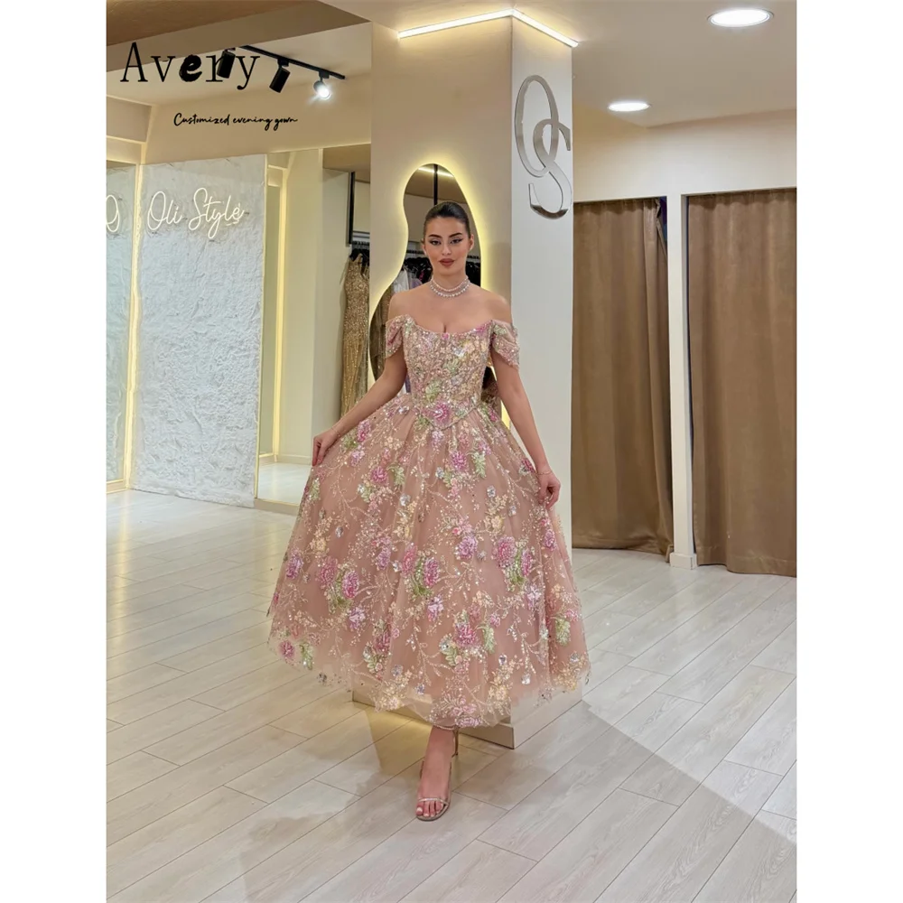 

Avery Custom A-line Flower Ankle-length Off-the-shoulder Luxurious Women's Evening Dresses Ladies Wedding Guest Long Prom Dress