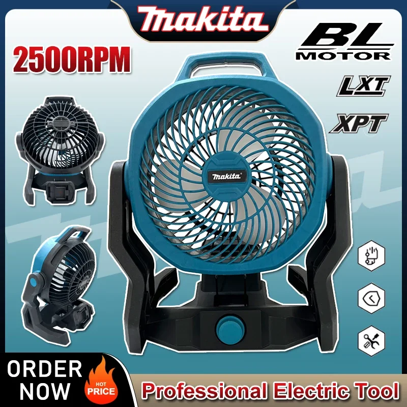 

Makita Cordless Table Fan Portable Camping Fan 21V Multi Purpose Adjustable Head 3 Speed Setting Powered Desktop Floor Fan