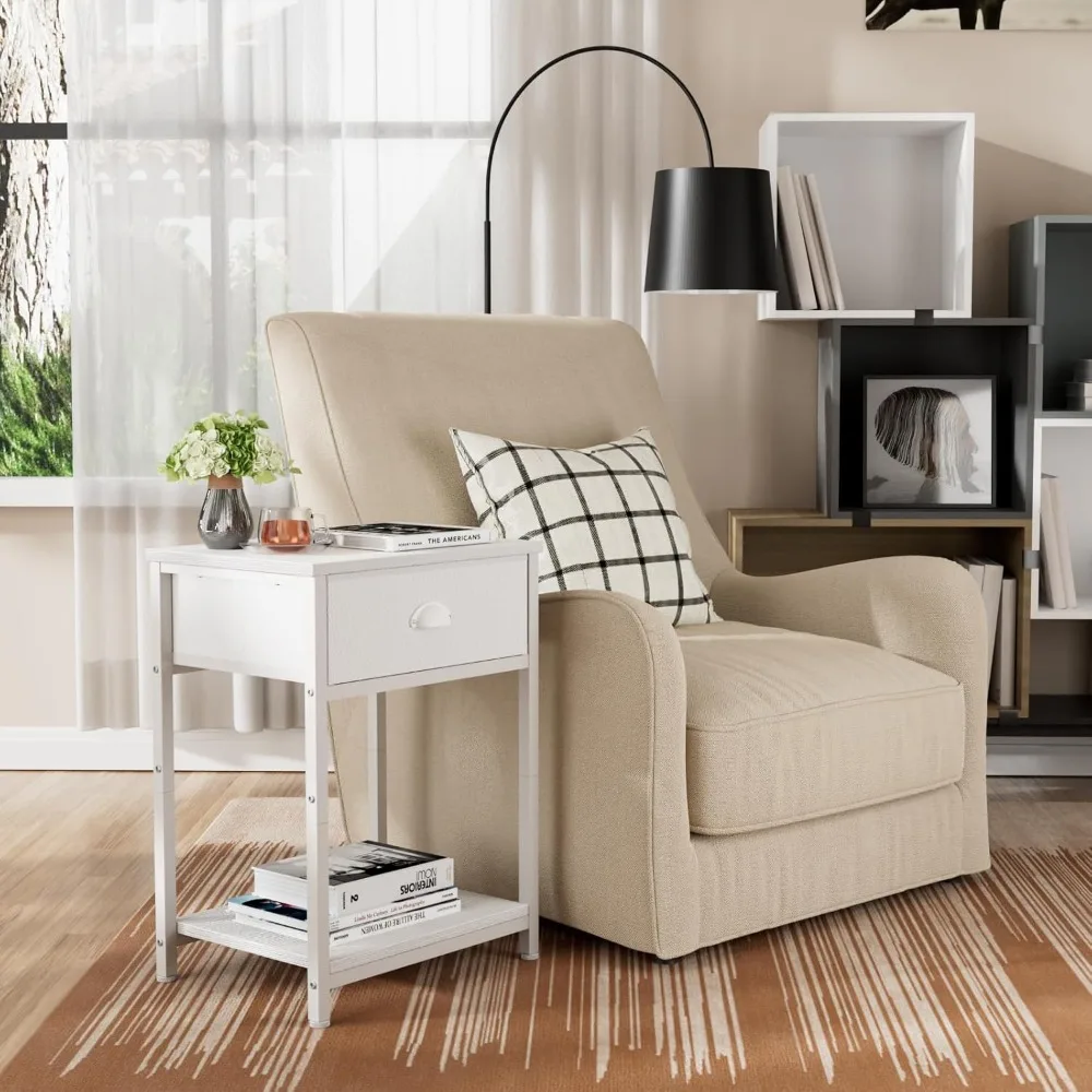 منضدة بيضاء لدرج من القماش للمساحات المدمجة، وطاولة جانبية للتخزين بطبقتين، وحامل ليلي لغرفة النوم