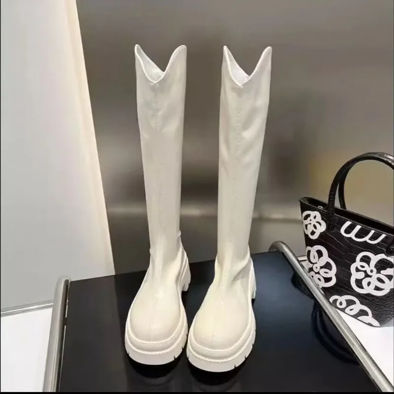 Botas hasta la rodilla con cremallera trasera para mujer, botas de caballero adelgazantes con boca en V, zapatos de mujer con suela de goma y tacón medio con punta redonda de terciopelo blanco y negro