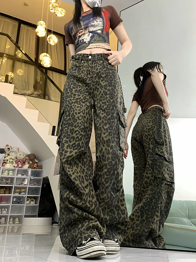 

GUUZYUVIZ Retro Cool Girls Denim Cargo Leopard Pants Women Y2k Streetweat Casual Loose Vintage Side Big Pocket Baggy Jeans 2024