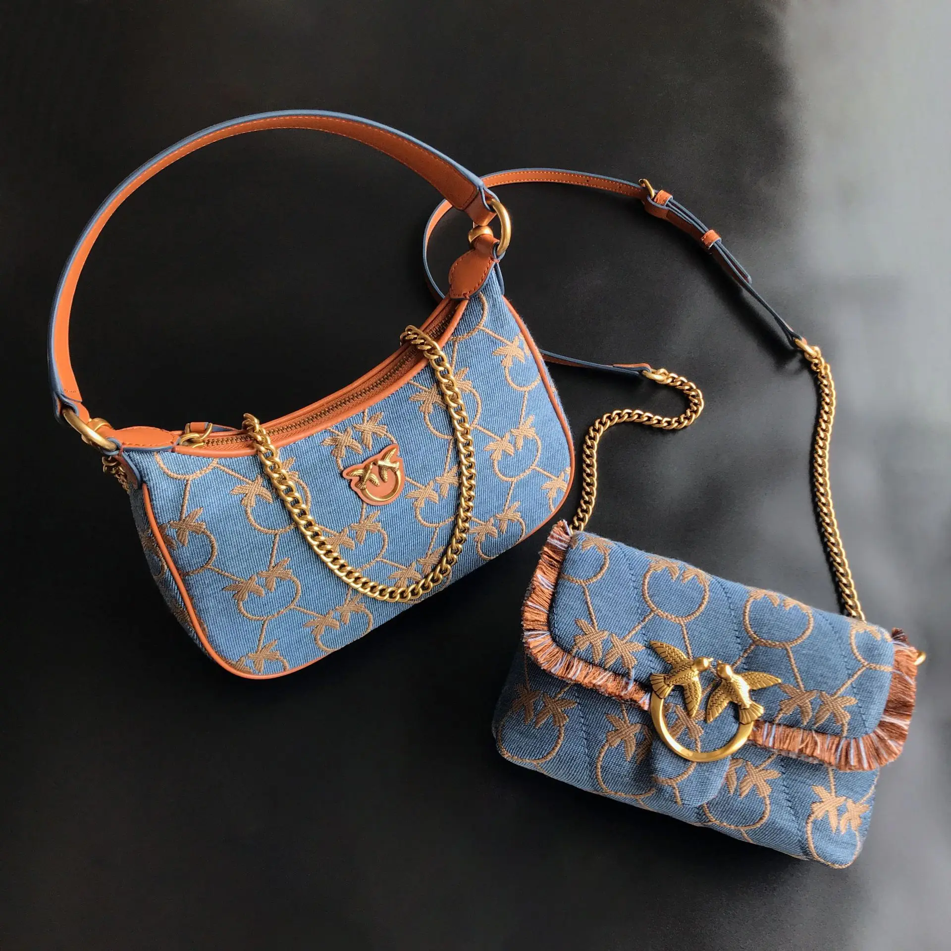 New arrivalpinko same style denim denim half moon armpit puff swallow bag mini pillow bag women's bag chain women's bag