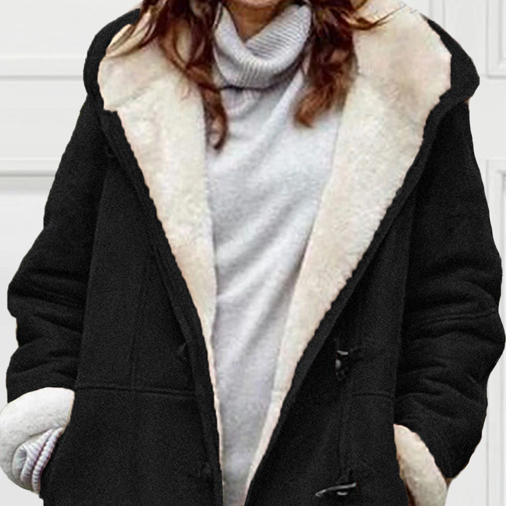 Plus Size Daily Coat Black Fall Winter Plush Hooded Horn Buckle Long Sleeve Winter Coat With Pockets for Women