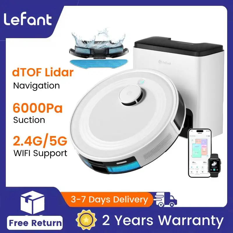 LEFANT M2 Plus 6000Pa Aspirazione, Robot Aspirapolvere e Mop Combo, Autosvuotamento, Navigazione Laser, Ideale per Peli di Animali Domestici, Wi-Fi/Alexa