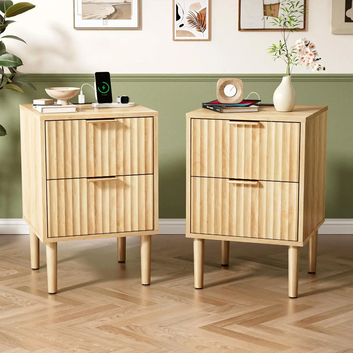 

Nightstands Set of 2 with Charging Station, Fluted Nightstand 2 Drawer, 15.8" W*15.6" D Mid Century, Customized