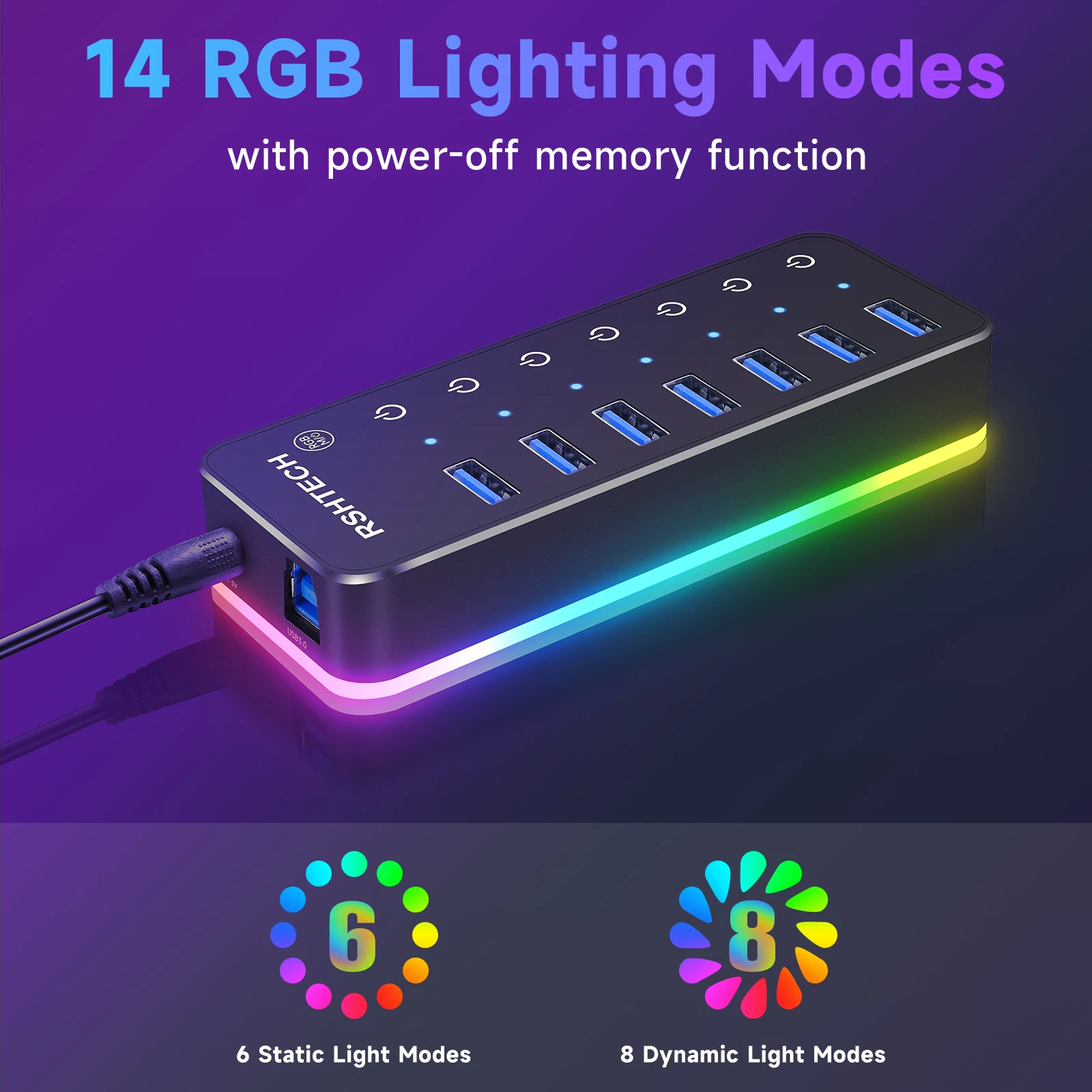 

Концентратор RSHTECH RGB USB 3,0 с 7 портами, 5 Гбит/с, разветвитель для передачи данных и 14 режимами освещения для компьютера, ноутбука, ПК, аксессуары