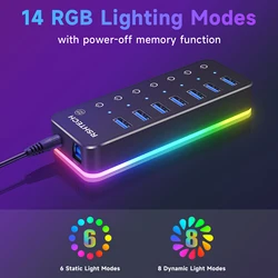 RSHTECH RGB USB 3.0 Hub with 7Port 5Gbps Data Transfer Splitter and 14 Lighting Modes for Computer Laptop PC Accessories