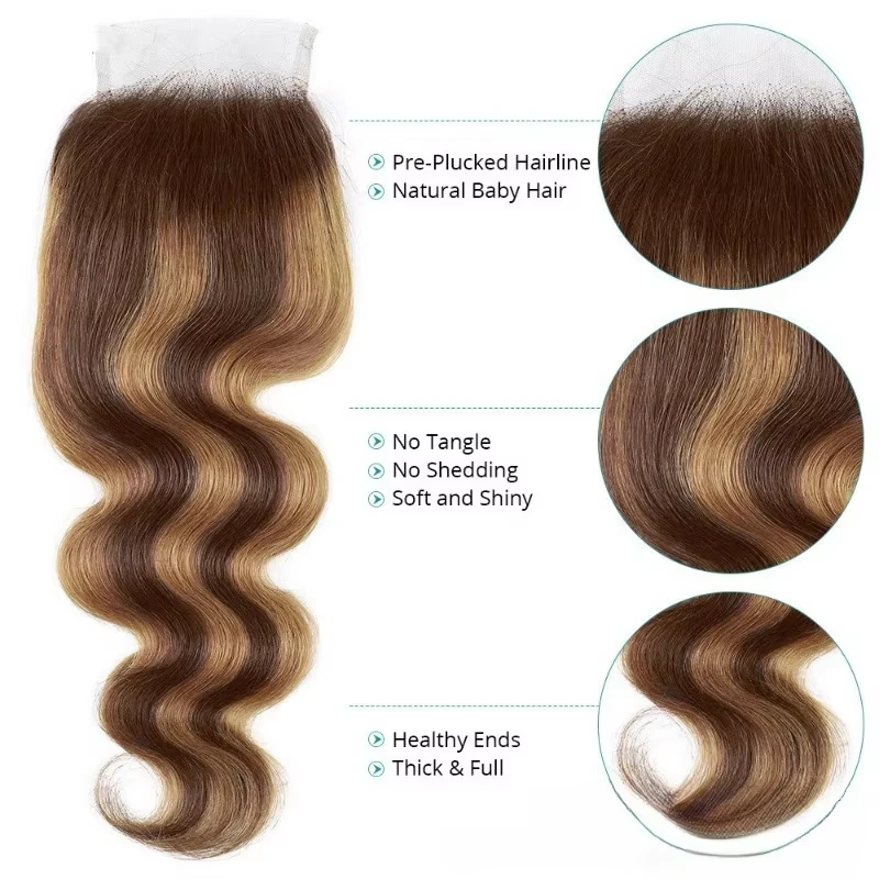 Highlight Ombre Body Wave Brazilian Human Hair Bundles, 4x4 HD Transparent Lace Closure, 18 Inch Raw Hair Bundles And Weaves, 100% Human Hair On Deals