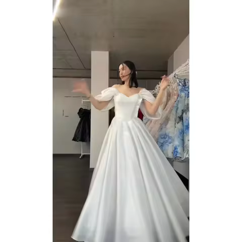 Customized White Bridal Wedding Dress Off Shoulder Puff Sleeve Sweetheart Party Prom Dresses Floor Length Formal Evening Dress