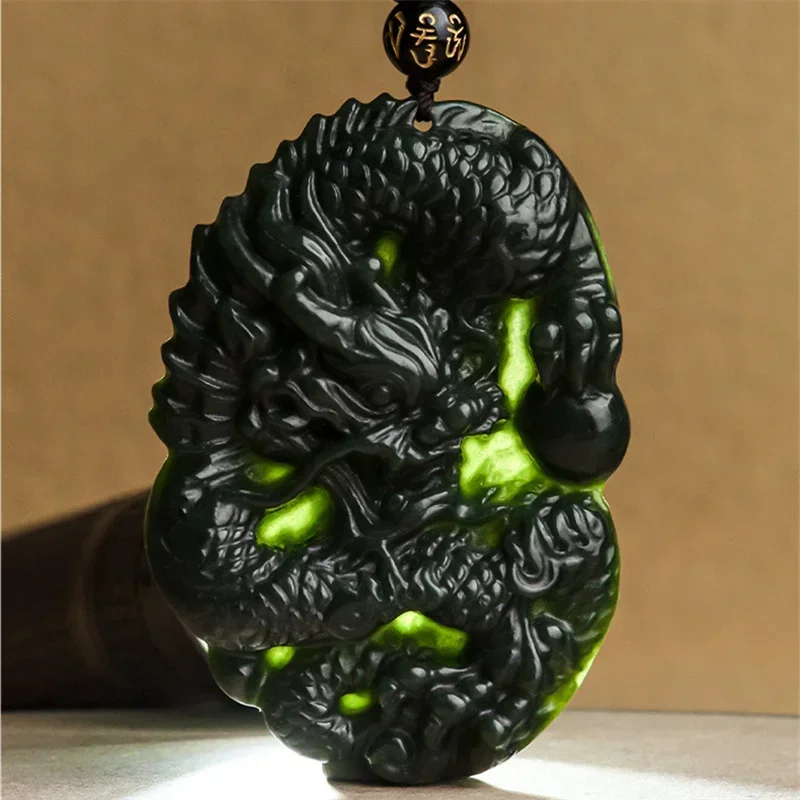 Mai Chuang/ Natural Hetian Cyan Jade Dragon Playing with Beads Necklace Pendant Hand-carved Men and Women Fine Jewelry Gifts