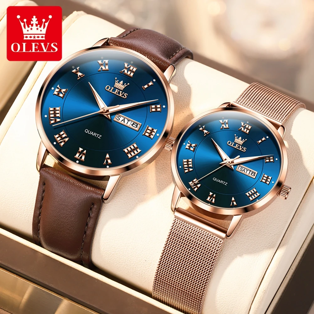 

OLEVS Classic Quartz Wrist Watches for Couple Top Brand Luxury Roman Numeral Scale Calendar Waterproof Men and Women Watch Sets