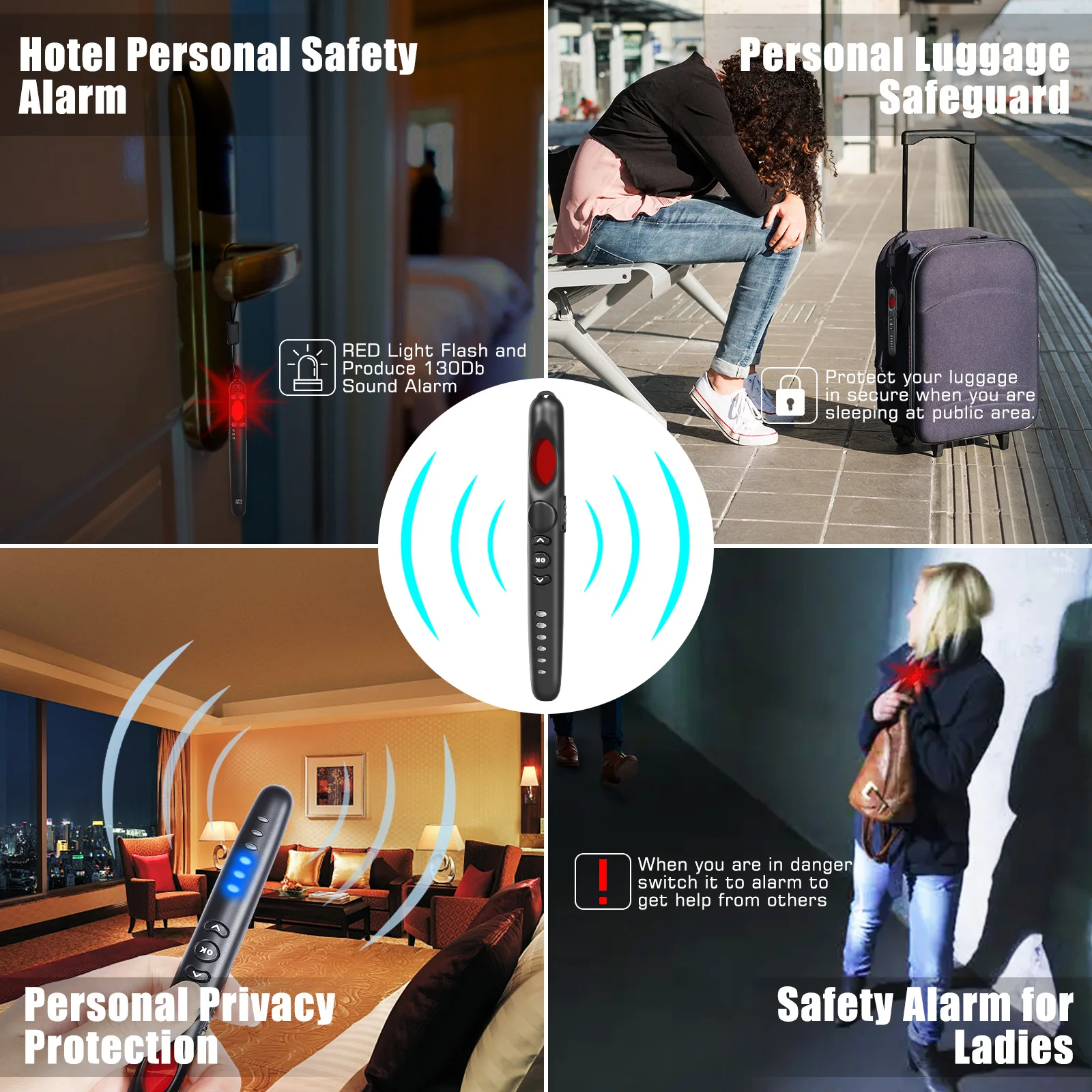 Gadget di sicurezza portatile: rilevatore di auricolari RF, scanner per telecamera spia, allarme antifurto da 130 dB per la sicurezza di viaggi/hotel, nero