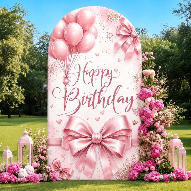 

Happy Birthday Arch Backdrop Cover Pink Bow Balloon Girl Party Photography Background Decor Photo Booth Prop Spandex Fabric