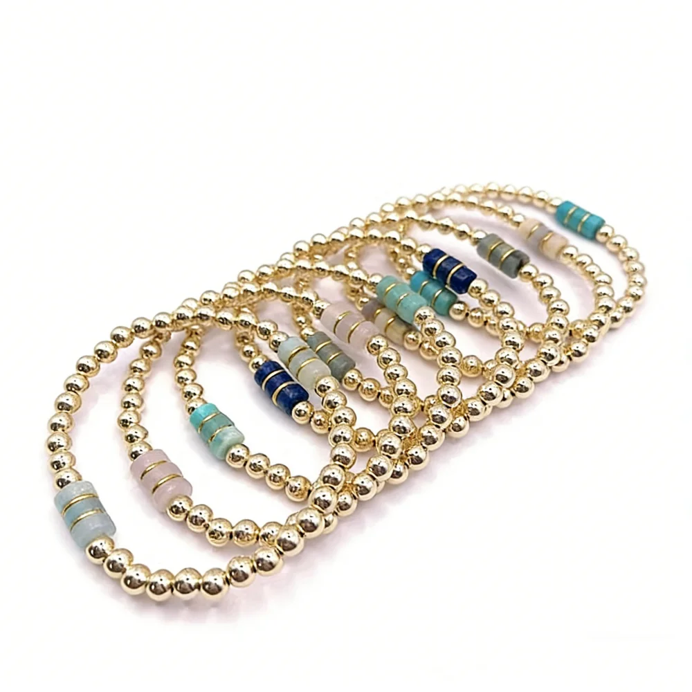 CCGOOD Gold Plated Ball Bracelets Cylinder Stone Heishi Beaded Stretch Bracelet Boho Summer Beach Stackable Jewelry for Women