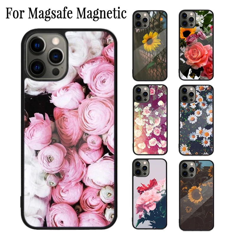 Peony Sunflowe Rose Daisy Plants Magnetic Phone Case For iPhone 16 15 14 Plus 13 12 11 Pro Max Magsafe Wireless Charging Cover