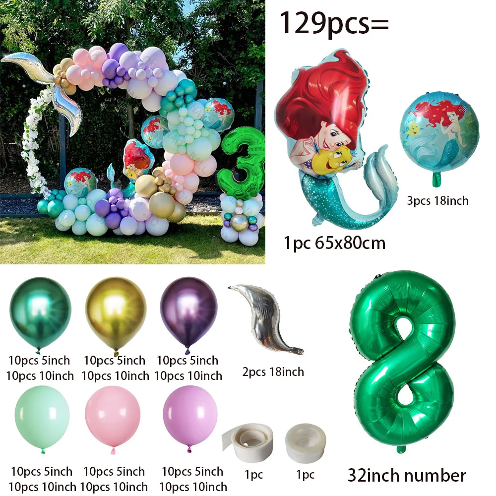 129Pcs Green Mermaid Theme Shell Balloon Arch Kids Girl Birthday Decoration Baby Shower Under The Sea Mermaid Wedding Supplies