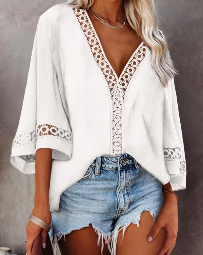 European and American women's clothing 2024 summer new women's casual solid color hollowed out bell shaped sleeve V-neck top