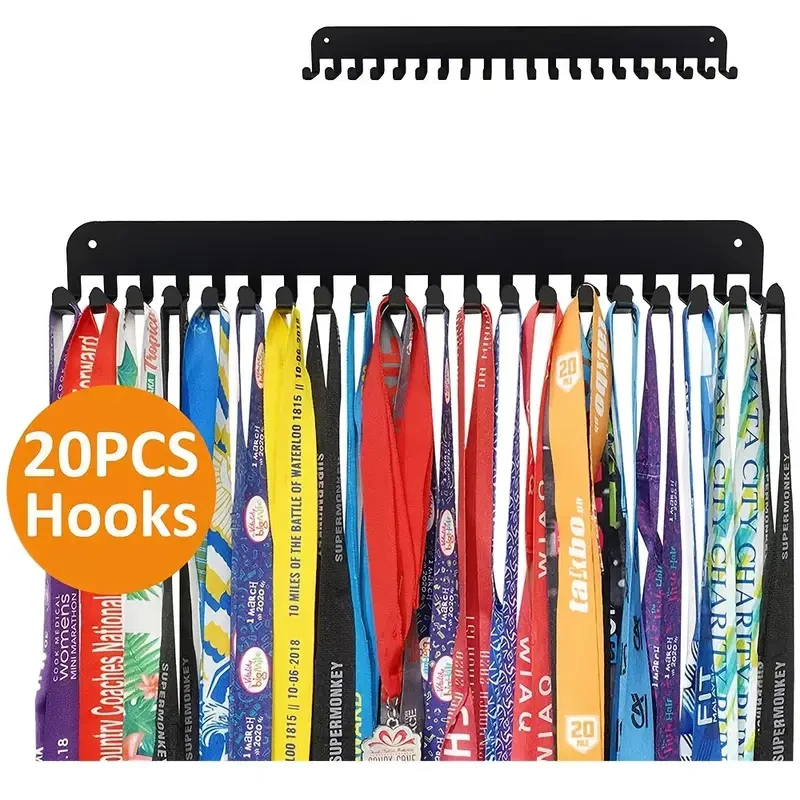 Marathon Medal Hanger Display Rack with 20+ Hooks, Dual Installation (Drill with Screws or Adhesive Option) Metal Wall Mount Hol